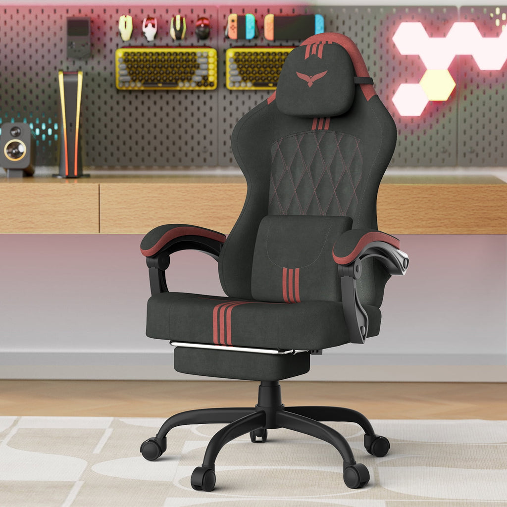Luxvie Velvet Fabric Gaming Chair With Footrest, Ergonomic Comfortable Video Gamer Chair For Adult, Reclining Office Computer Desk Game Chairs With Massage Lumbar Cushion and Headrest, Black&Red