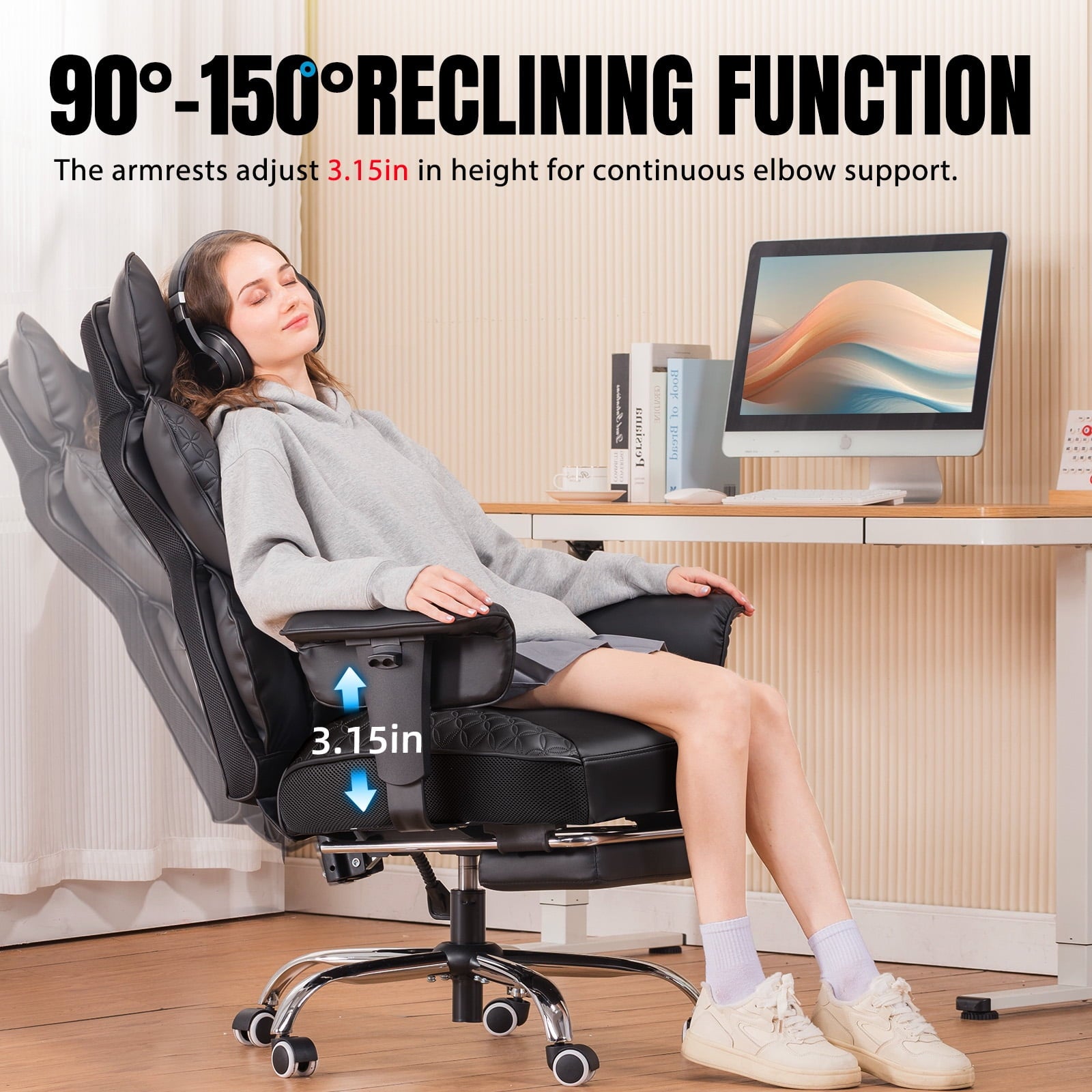 COMHOMA Big and Tall Office Gaming Chair with Adjustable Armrest and Back Support, Black