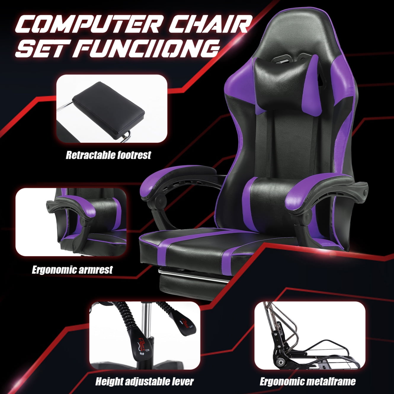 Ergonomic Adjustable Height Computer Chair,Reclining Swivel Gamer Chair with Wheels&Footrest,Gaming Chair with Headrest and Lumbar,Purple