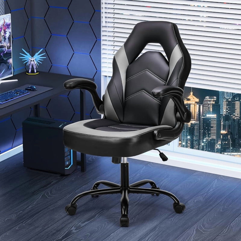 Beddle Gaming Office Chair, Ergonomic PU Leather High Back Swivel Computer Desk Chair with Flip-up Arms, Lumbar Support, Black Gray