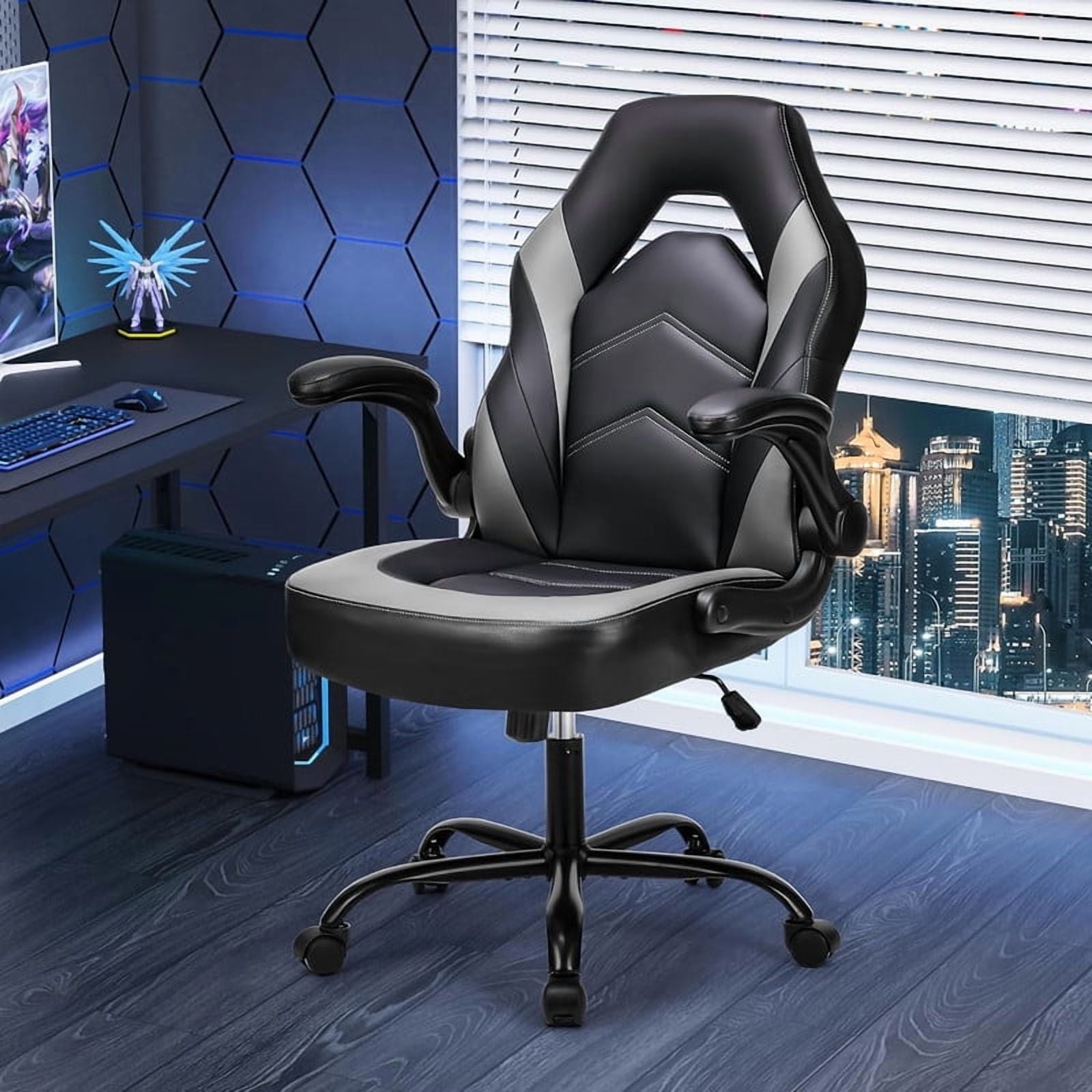 Beddle Gaming Office Chair, Ergonomic PU Leather High Back Swivel Computer Desk Chair with Flip-up Arms, Lumbar Support, Black Gray
