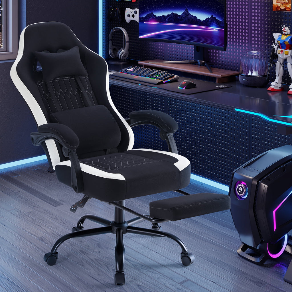GIANNA Gaming Chair with Footrest, Ergonomic High Back Computer Desk Chair with Lumbar Support, Adjustable Height Swivel Task Chair with Headrest and Armrests, Black