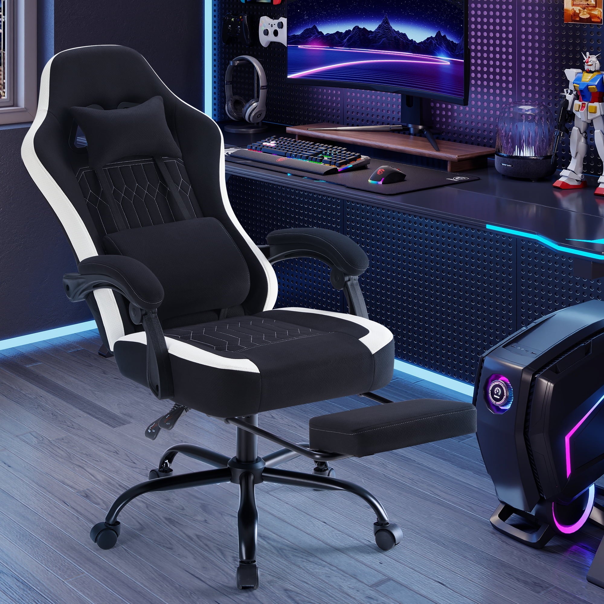 GIANNA Gaming Chair with Footrest, Ergonomic High Back Computer Desk Chair with Lumbar Support, Adjustable Height Swivel Task Chair with Headrest and Armrests, Black