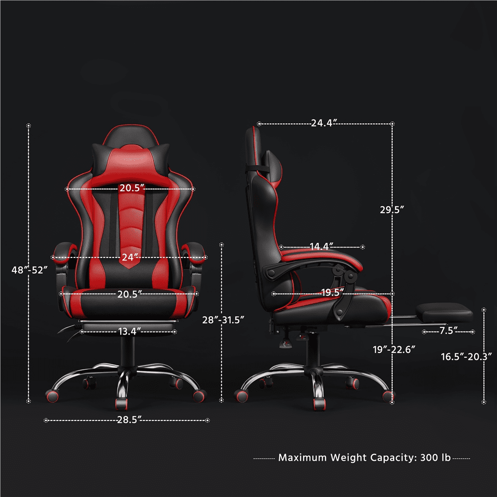 Yaheetech Reclining Gaming Chair with Folding Footrest and Massage Lumbar Pillow, Black/Red