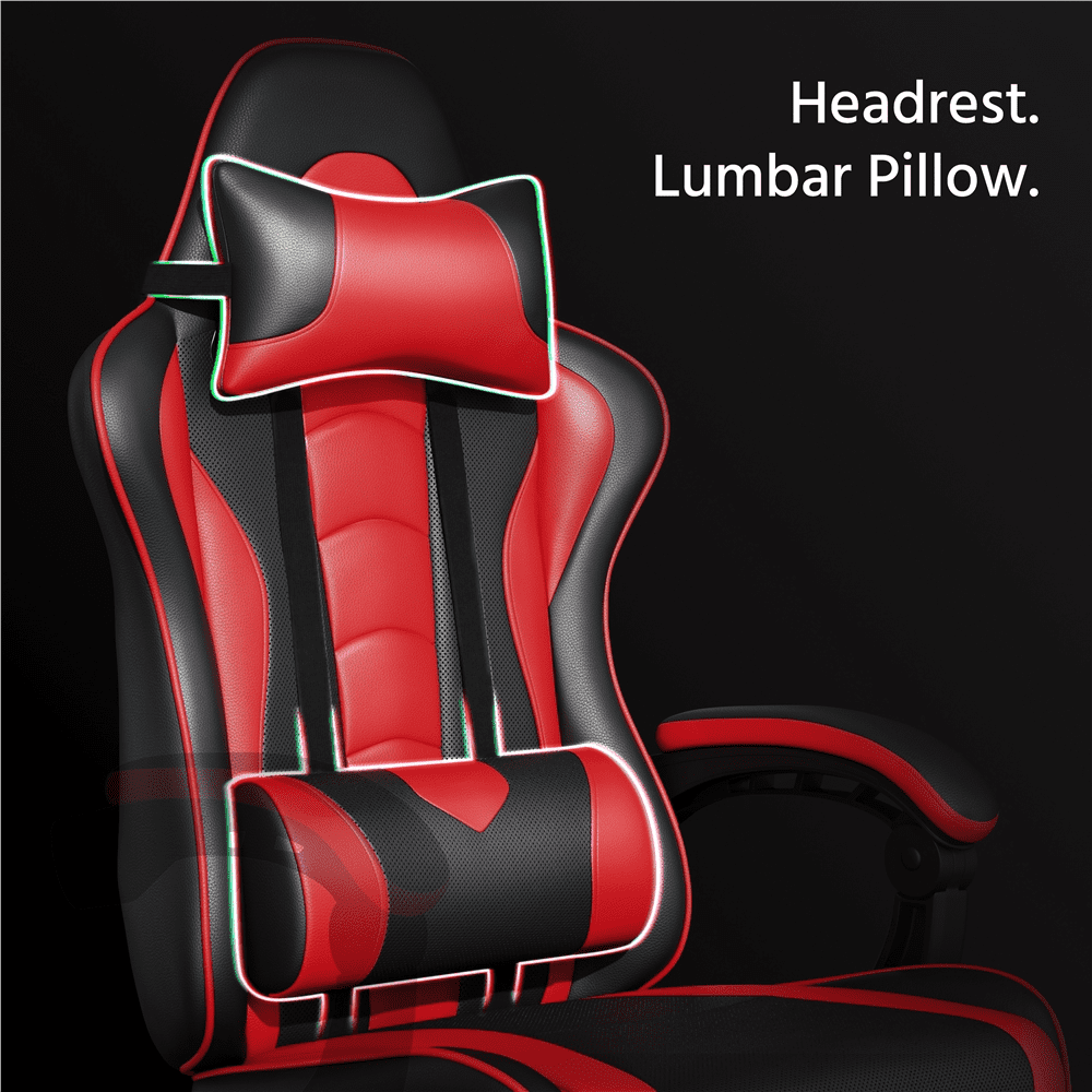 Yaheetech Reclining Gaming Chair with Folding Footrest and Massage Lumbar Pillow, Black/Red