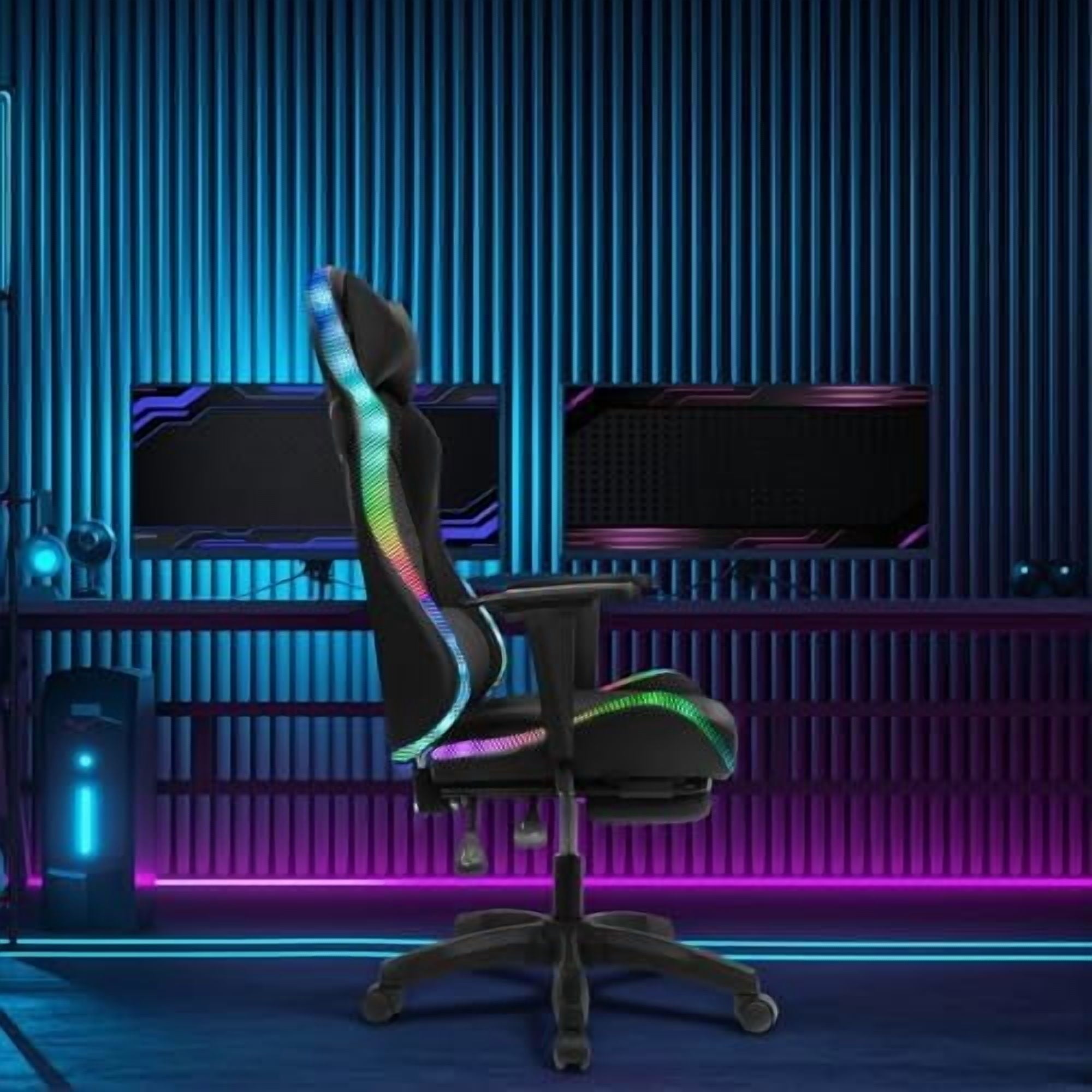 Gaming Chair with Speakers, Bluetooth Gaming Chair with RGB LED Lights and Footrest, Height Adjustable Massage Computer Chair Lumbar Support for Adults (Black)
