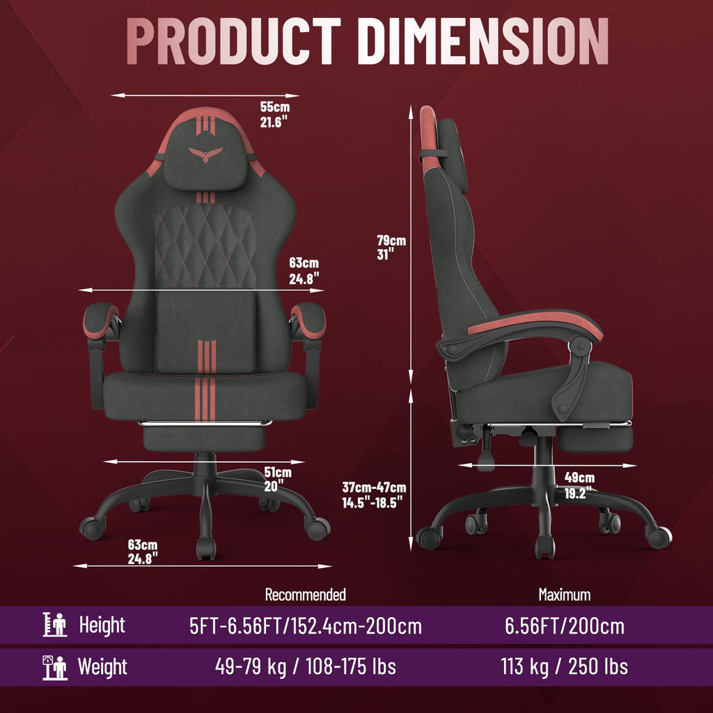 Luxvie Velvet Fabric Gaming Chair With Footrest, Ergonomic Comfortable Video Gamer Chair For Adult, Reclining Office Computer Desk Game Chairs With Massage Lumbar Cushion and Headrest, Black&Red