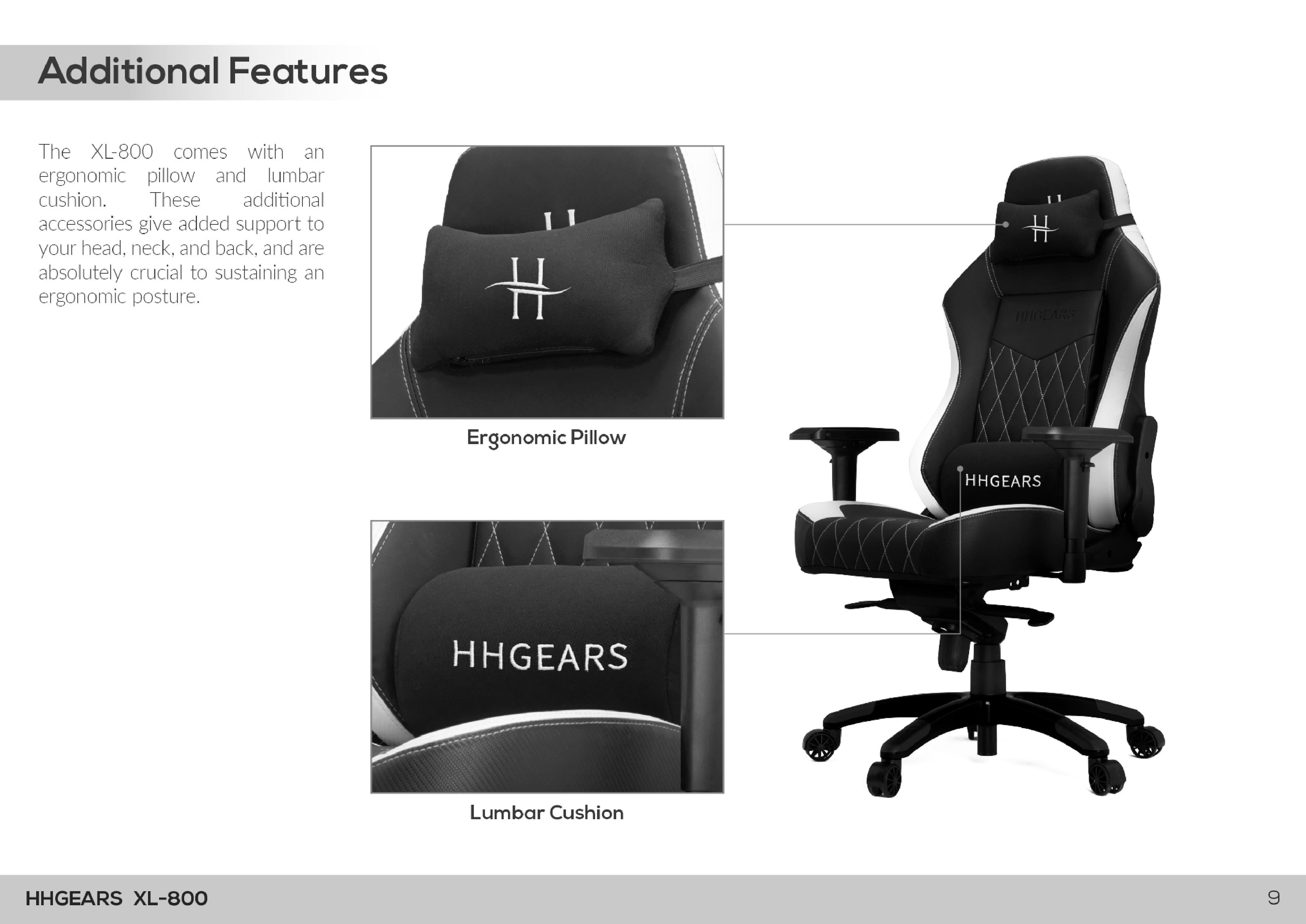 HHGears XL 800 Series Gaming Chair Black with Headrest/Lumbar Pillows