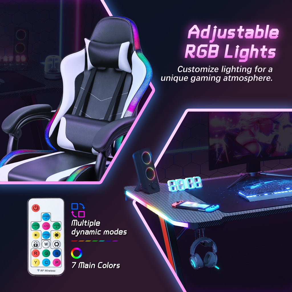 Homall RGB Gaming Desk and Chair Set, Carbon Fiber Desktop Z-Shape Table Massage Ergonomics Racing Chair E-Sports LED Lights RGB Gaming Chair with Footrest, White