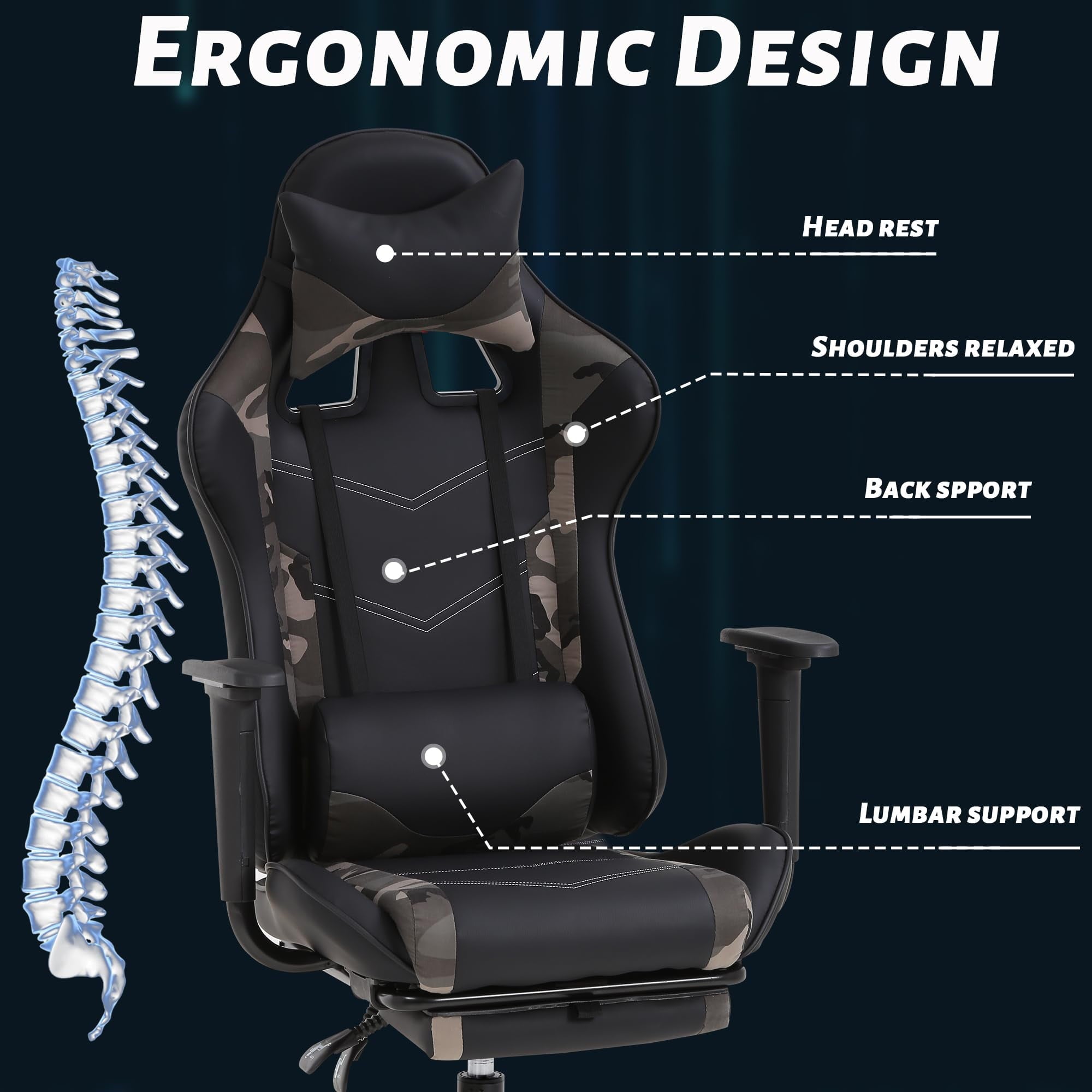 YRLLENSDAN Gaming Chair with Footrest & Adjustable Headrest for Adults Teen, Big and Tall Gamer Chair, Reclining Computer Gaming Chair, Black and Camo