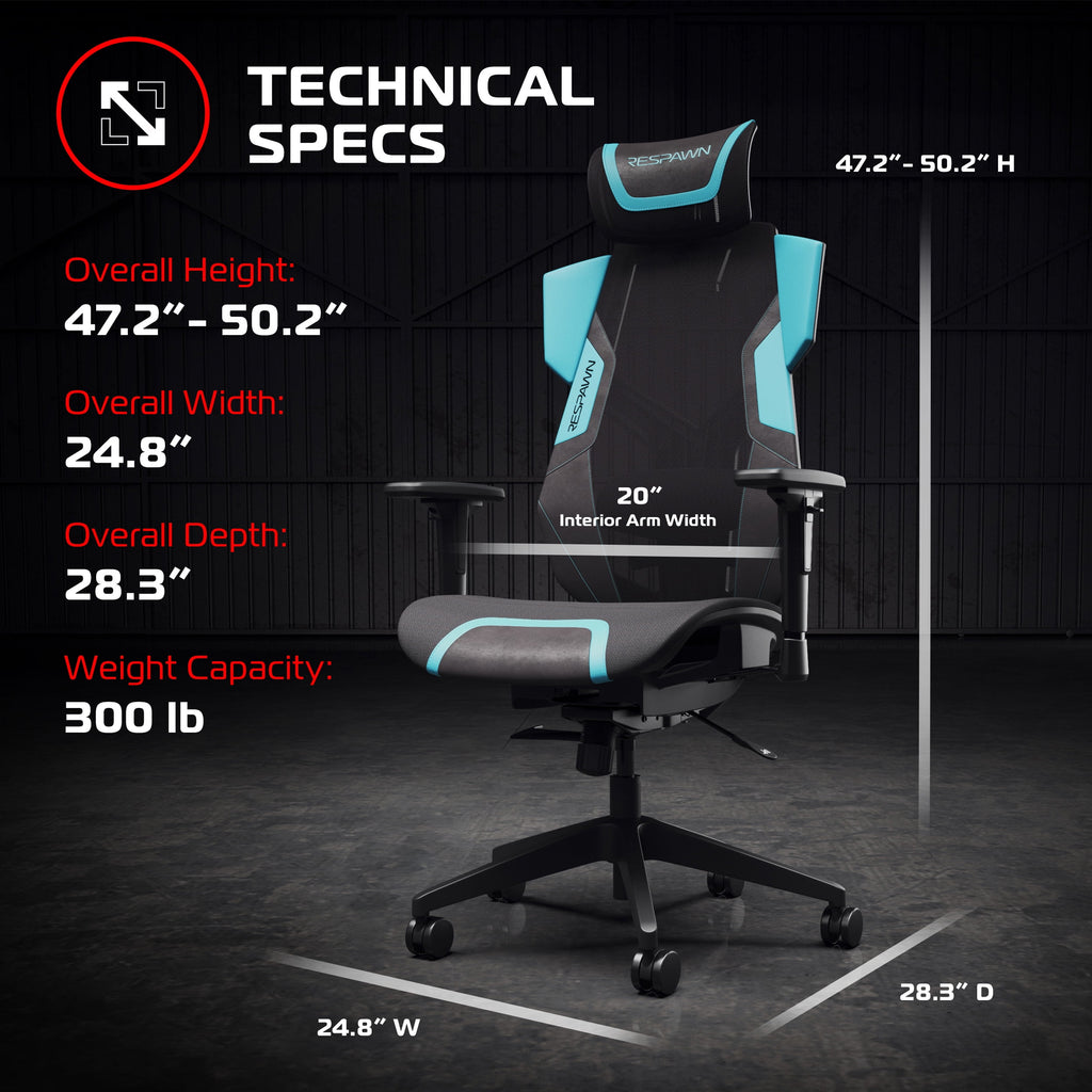 RESPAWN FLEXX Ergonomic Office and Gaming Chair with Lumbar Support - Breathable Mesh Recliner with Headrest & Adjustable Arms, Comfy Home Office Desk Chairs, Reclining Gaming Seat for Adults - Teal