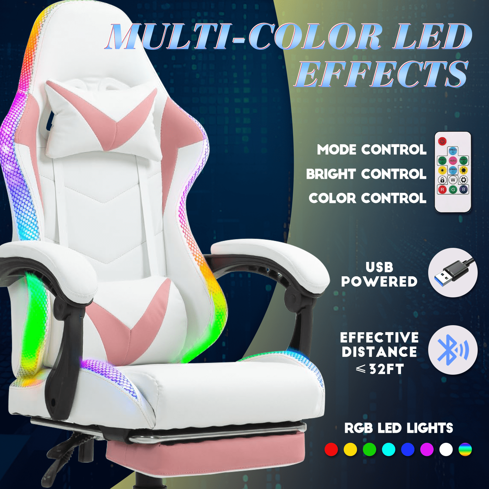 Gaming Chair with RGB LED Lights, Video Game Chair with Footrest and Massage Lumbar Support, High Back Reclining Computer Chair with Headrest, Swivel Gamer Chair with Armrest (Pink+White)