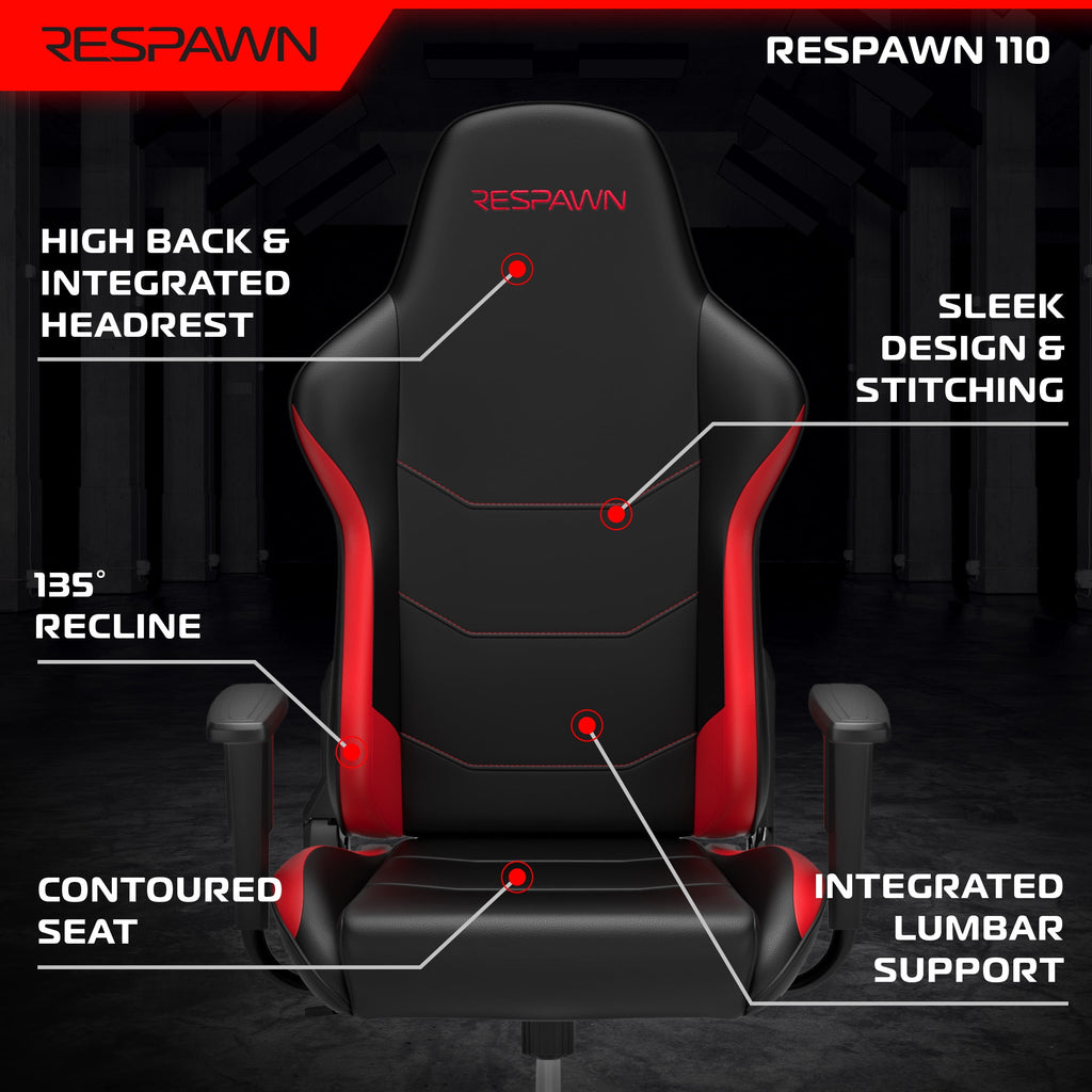 RESPAWN 110 Ergonomic Gaming Chair - Reclining Office Video Game Swivel Chair with Lumbar Support, Headrest, Heavy Duty, High Back, Racing Style Gaming Recliner Seat for Computer Gamer - Red