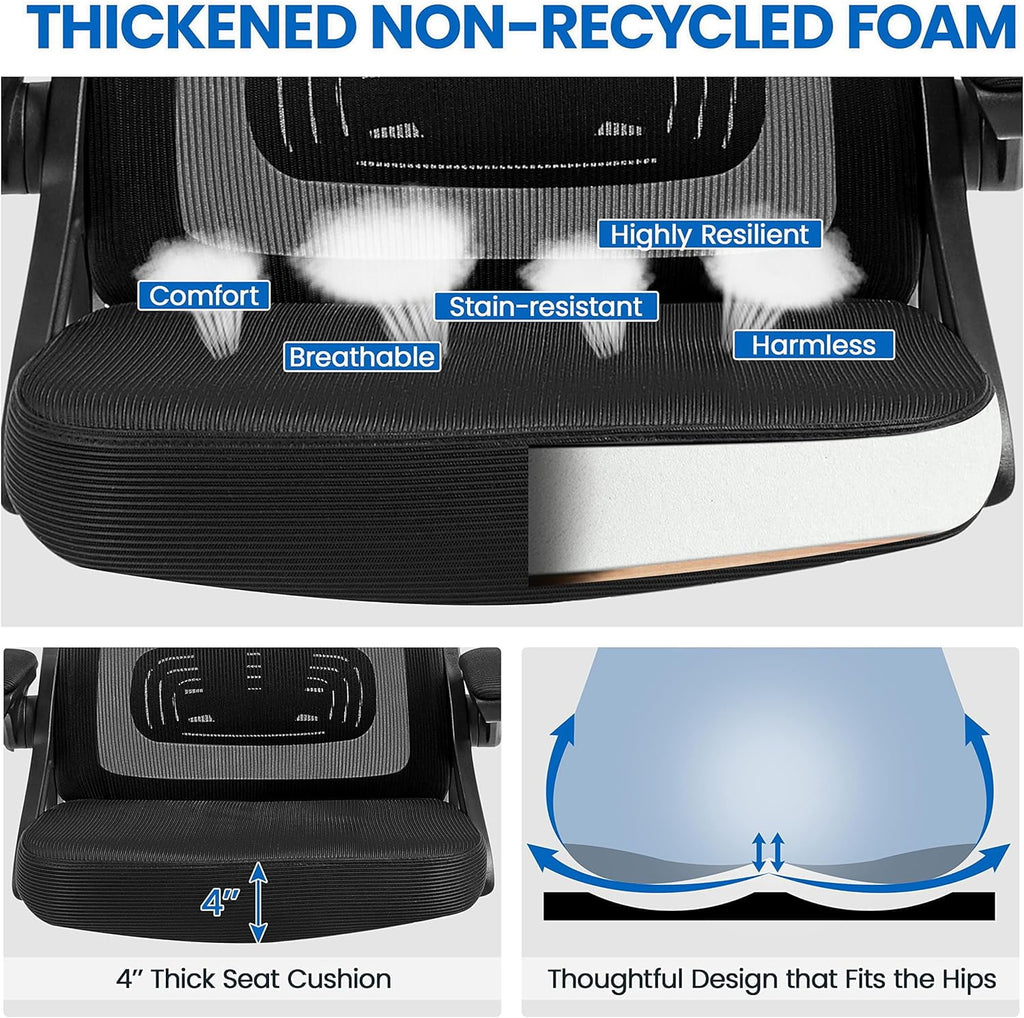 TDUKDB Ergonomic Mesh Office Chair, High Back Desk Chair with with flip-up Armrests, Adjustable Padded Headrest Computer Chair with Lumbar Support for Home Oiffce Game Room, Full Gray