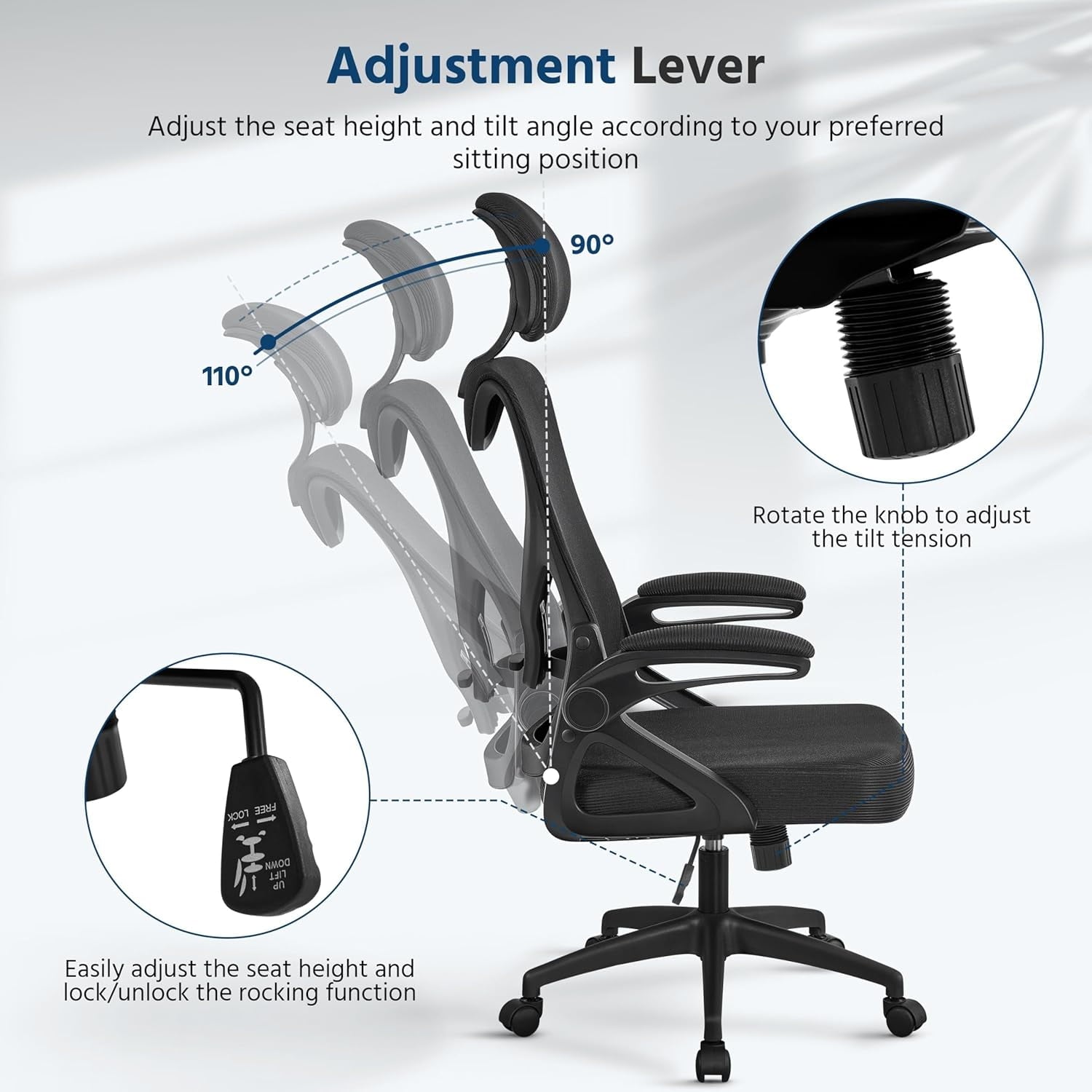 TDUKDB Ergonomic Mesh Office Chair, High Back Desk Chair with with flip-up Armrests, Adjustable Padded Headrest Computer Chair with Lumbar Support for Home Oiffce Game Room, Full Gray