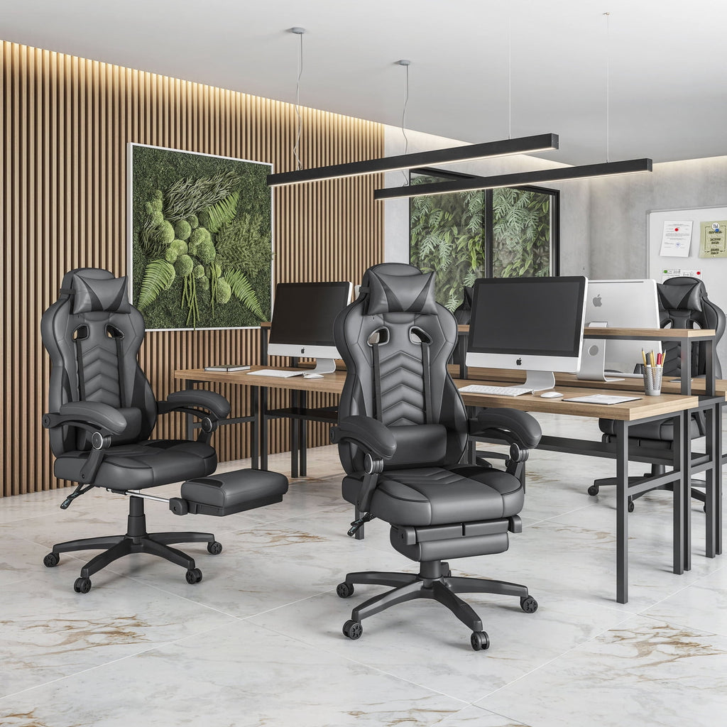 Techni Mobili Gaming Racing Style Fully Reclining Executive Office Chair with Footrest, Gray RTA-2050C-GRY