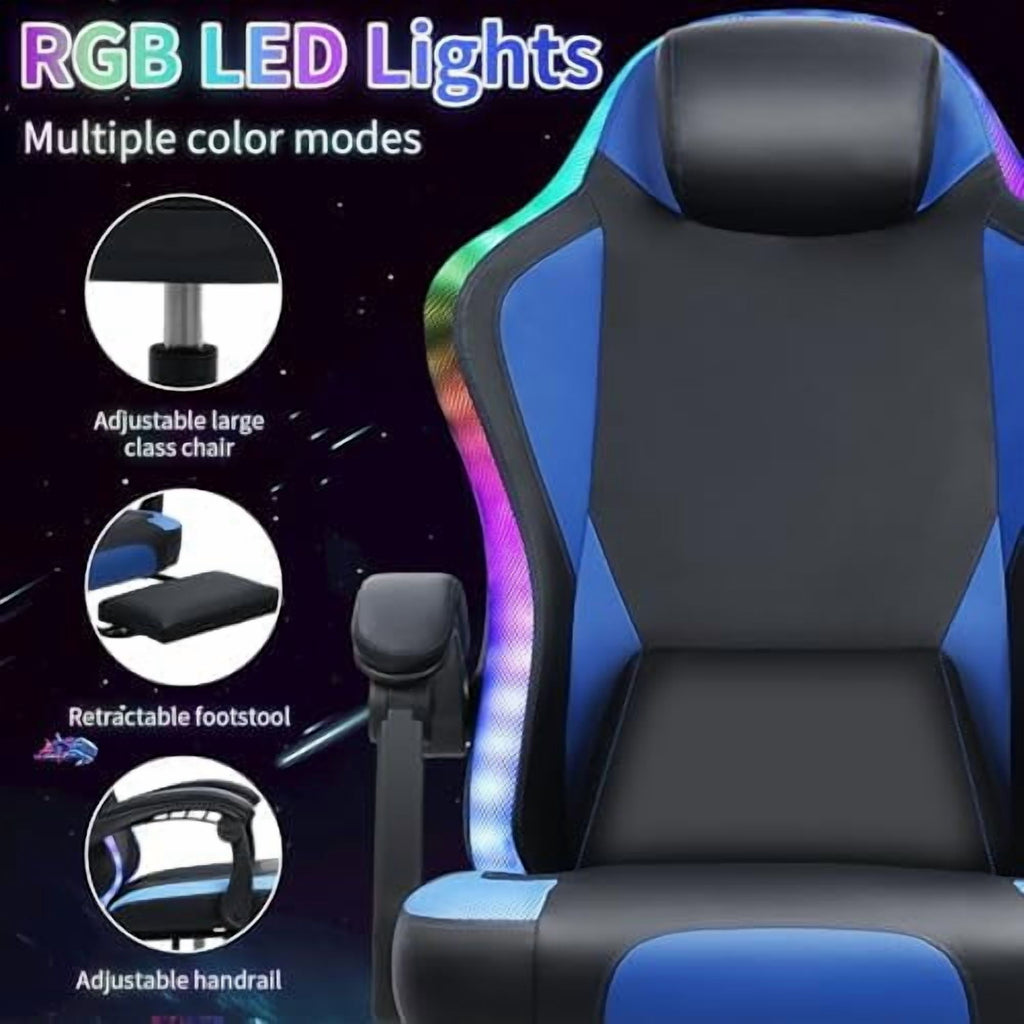 Gaming Chair with Speakers, Bluetooth Gaming Chair with RGB LED Lights and Footrest, Height Adjustable Massage Computer Chair Lumbar Support for Adults (Black)