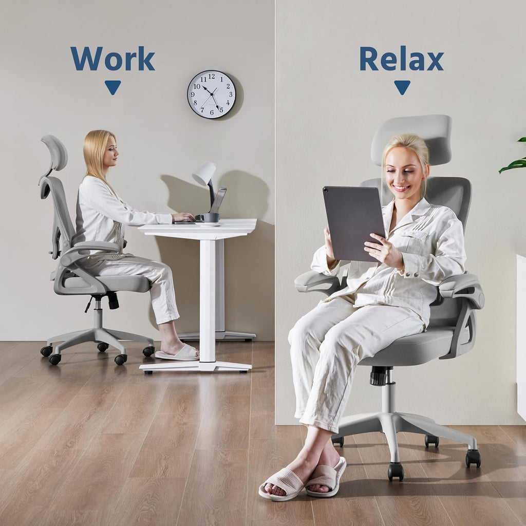 TDUKDB Ergonomic Mesh Office Chair, High Back Desk Chair with with flip-up Armrests, Adjustable Padded Headrest Computer Chair with Lumbar Support for Home Oiffce Game Room, Full Gray