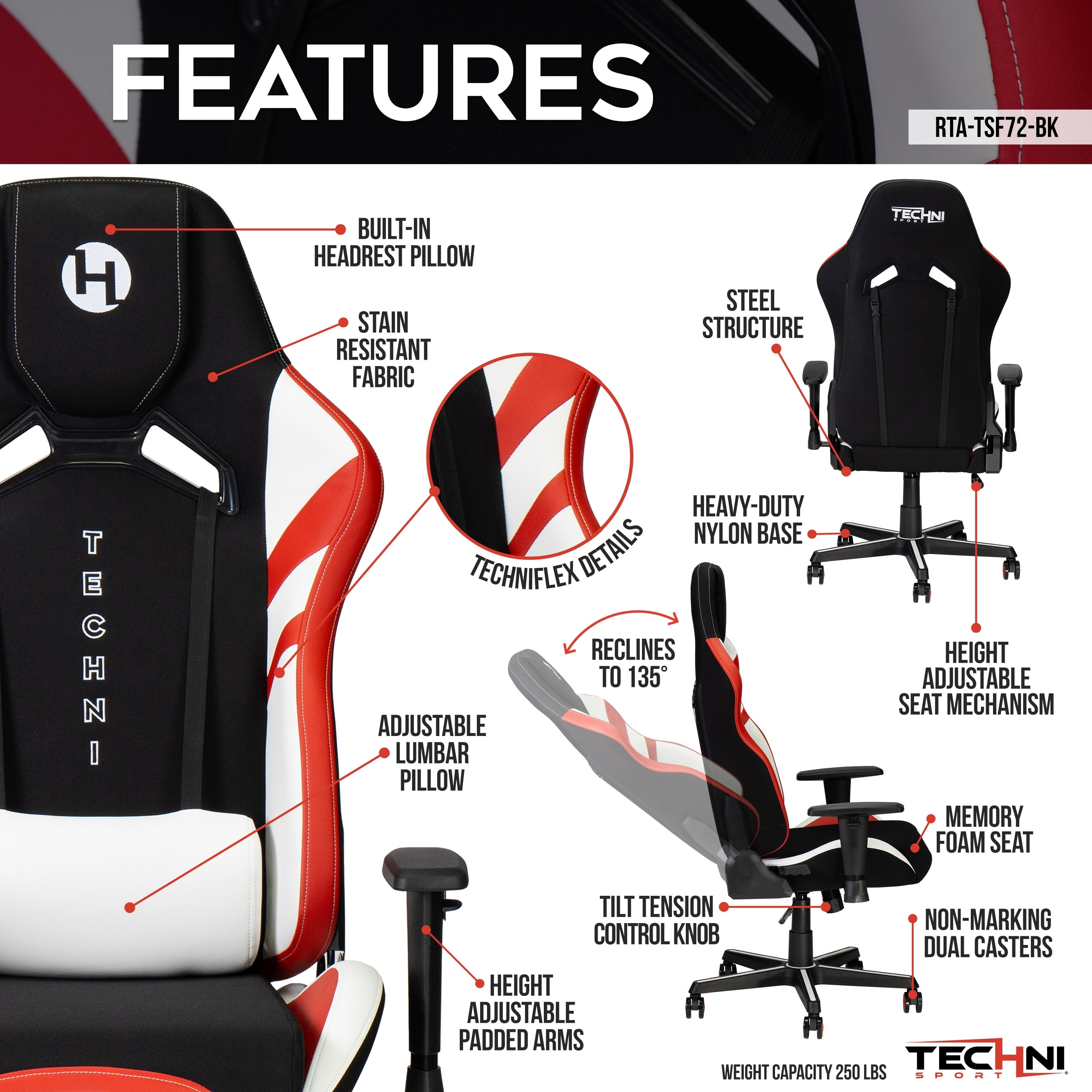 Techni Sport TSF72 Echo Gaming Chair, Black with Red and White RTA-TSF72-BK