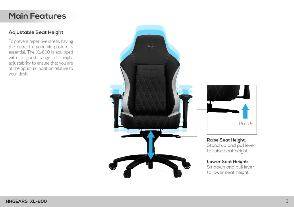HHGears XL 800 Series Gaming Chair Black with Headrest/Lumbar Pillows
