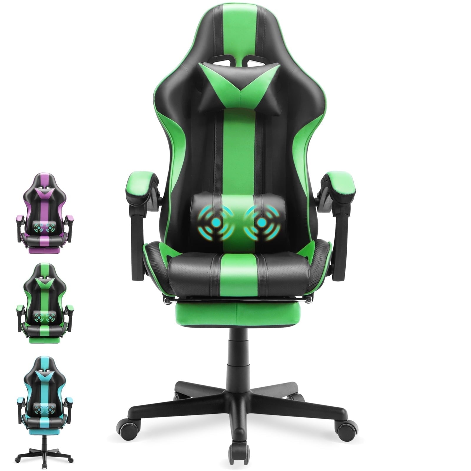 SOONTRANS Green Gaming Chair for Adult, High Back Gamer Game Chair with Footrest & Massage Lumbar Pillow, Ergonomic Swivel Office Computer Chairs s Girls, Green