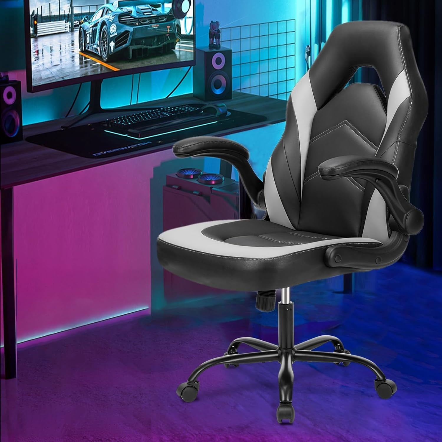 Computer Gaming Desk Chair - Pink Ergonomic Office Executive Adjustable Swivel Task PU Leather Racing Chair with Flip-up Armrest for Adults, Kids, Men, Girls, Gamer, White Pink