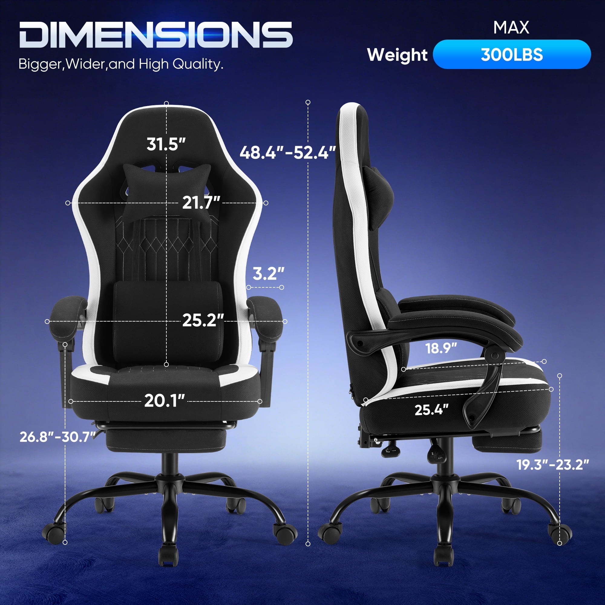 GIANNA Gaming Chair with Footrest, Ergonomic High Back Computer Desk Chair with Lumbar Support, Adjustable Height Swivel Task Chair with Headrest and Armrests, Black