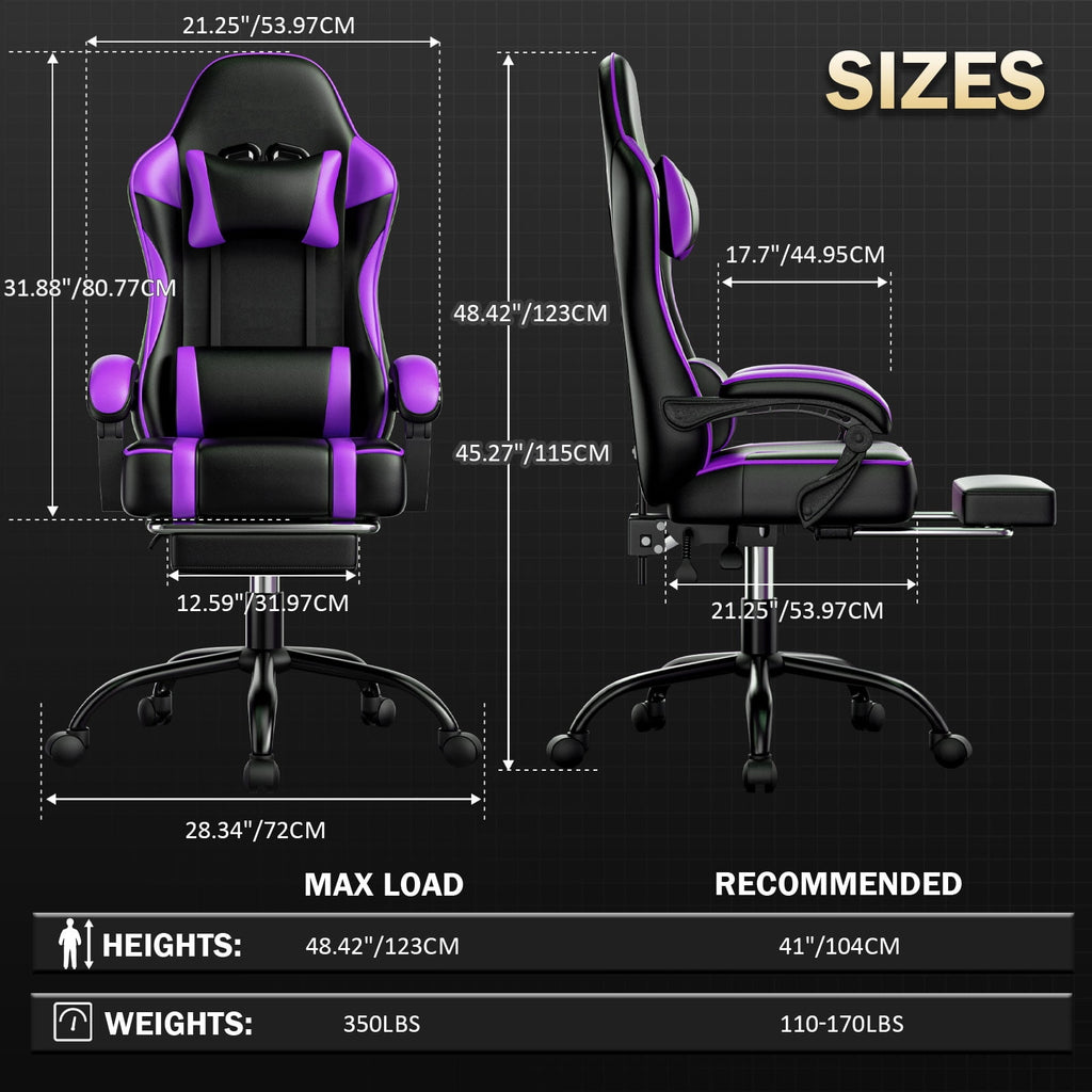 BSTYJQXH Adjustable Reclining Gaming Chair with Lumbar Support and Footrest, Purple