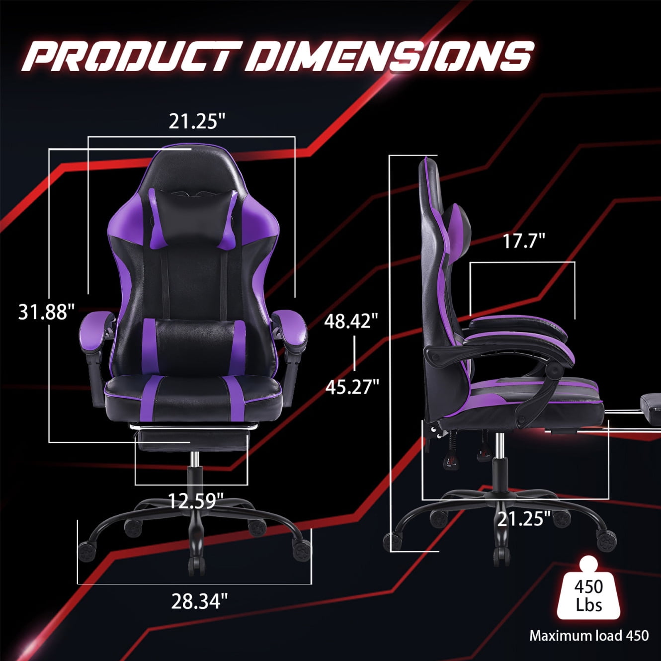 Ergonomic Adjustable Height Computer Chair,Reclining Swivel Gamer Chair with Wheels&Footrest,Gaming Chair with Headrest and Lumbar,Purple