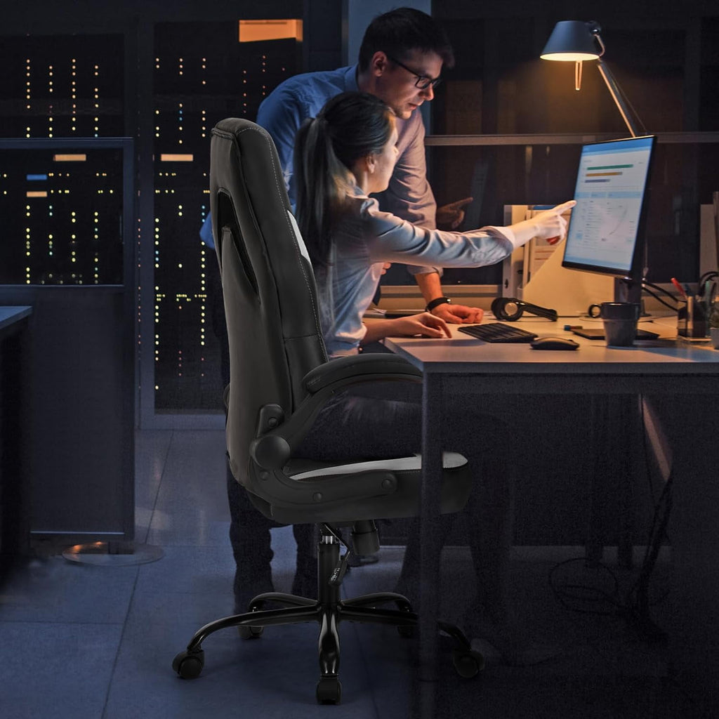 Computer Gaming Desk Chair - Pink Ergonomic Office Executive Adjustable Swivel Task PU Leather Racing Chair with Flip-up Armrest for Adults, Kids, Men, Girls, Gamer, White Pink