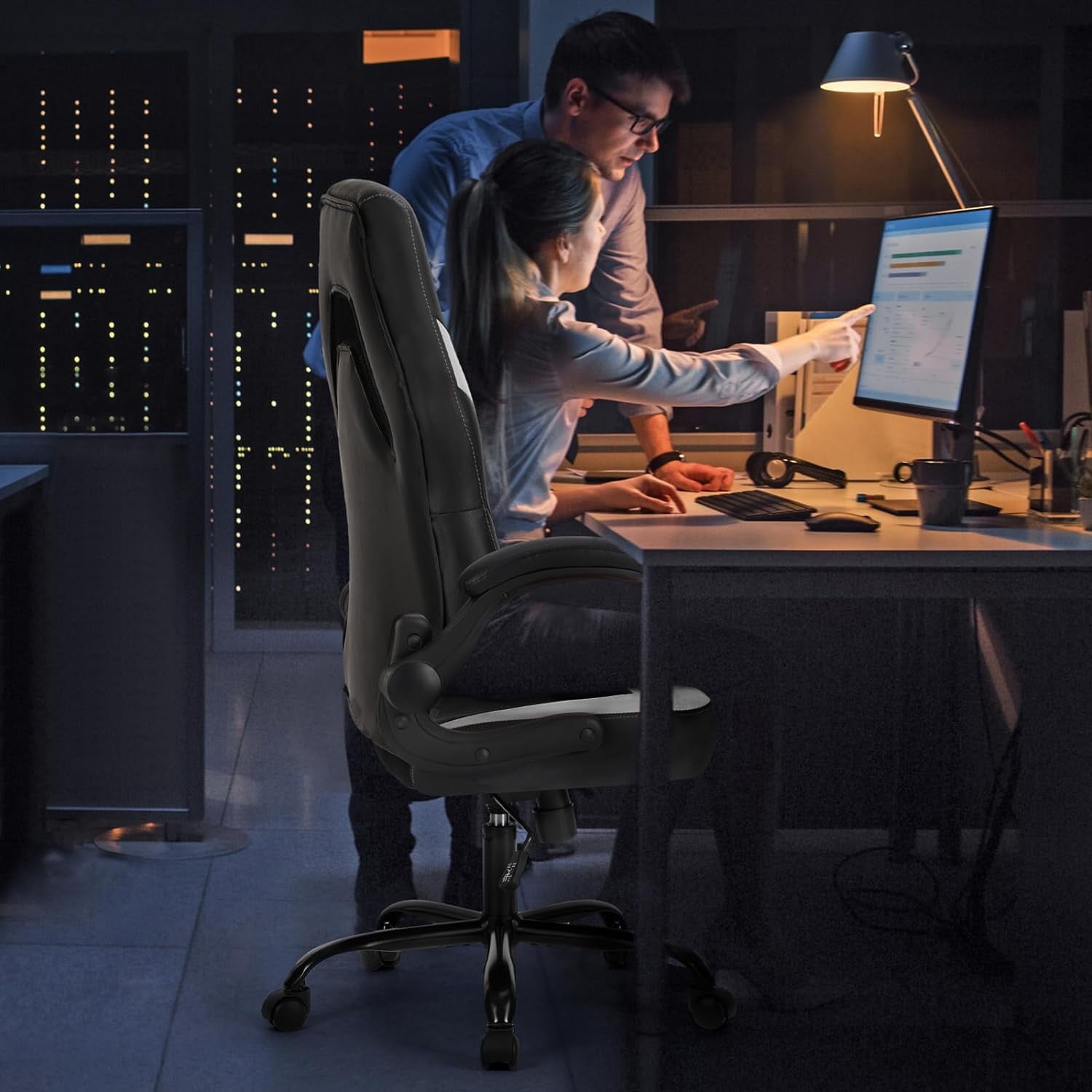 Computer Gaming Desk Chair - Pink Ergonomic Office Executive Adjustable Swivel Task PU Leather Racing Chair with Flip-up Armrest for Adults, Kids, Men, Girls, Gamer, White Pink