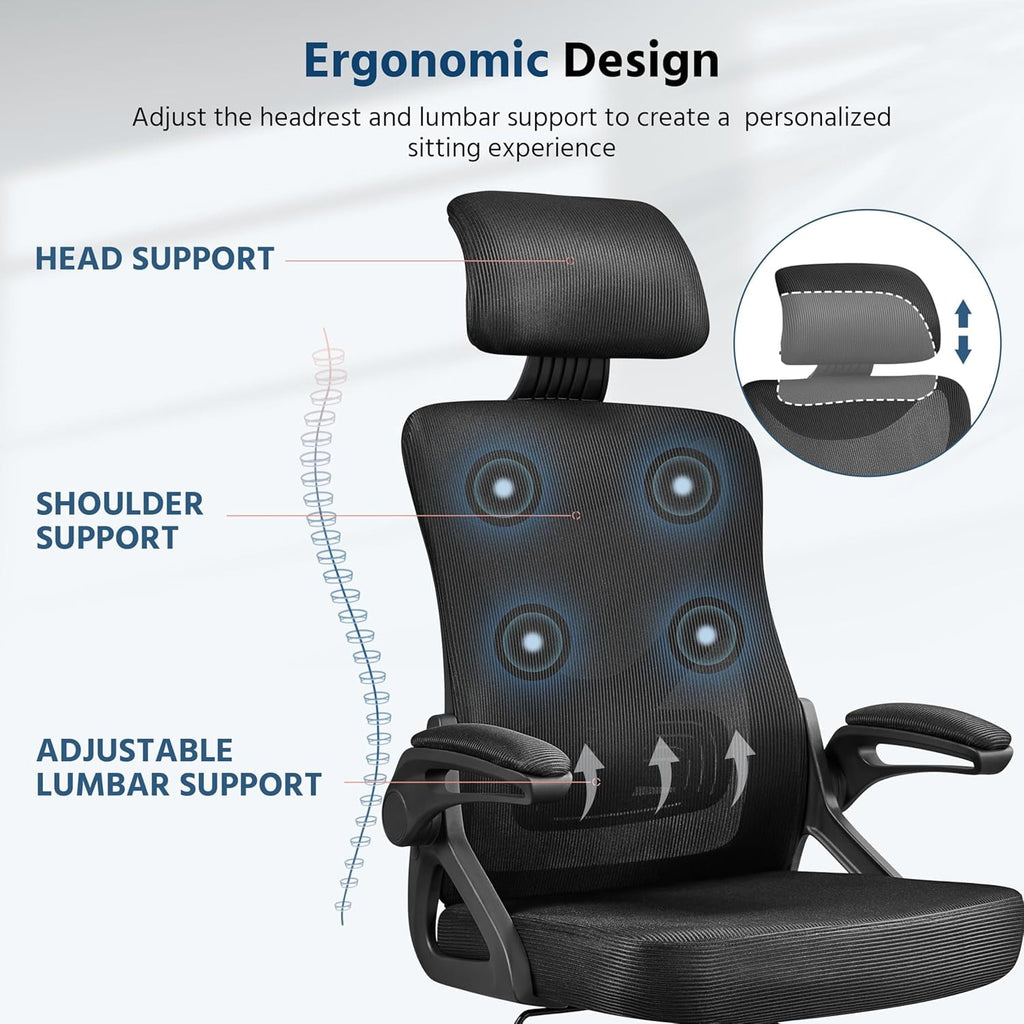 TDUKDB Ergonomic Mesh Office Chair, High Back Desk Chair with with flip-up Armrests, Adjustable Padded Headrest Computer Chair with Lumbar Support for Home Oiffce Game Room, Full Gray