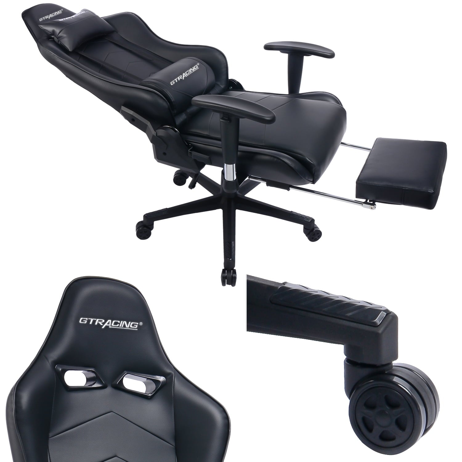 GTRACING Gaming Chair with Footrest Ergonomic Reclining Leather Chair, Black