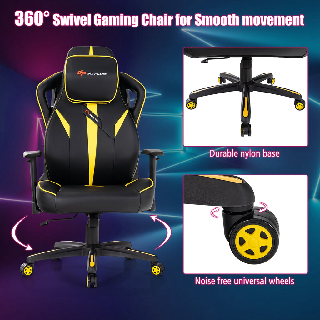Goplus Gaming Chair 360° Swivel Computer Reclining Height Adjustable 2D Armrest Yellow