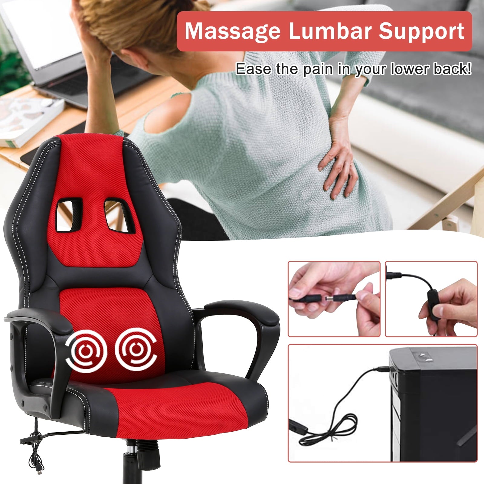 CL.HPAHKL Racing Gaming Chair, Racing Gaming Desk Chair Height Adjustable Gamer Chair with Lumbar Support Headrest Armrest PU Leather Ergonomic Gaming Chair with Massager, Swivel Wheels, Red