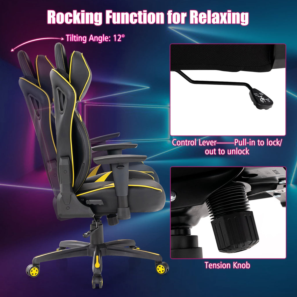 Goplus Gaming Chair 360° Swivel Computer Reclining Height Adjustable 2D Armrest Yellow