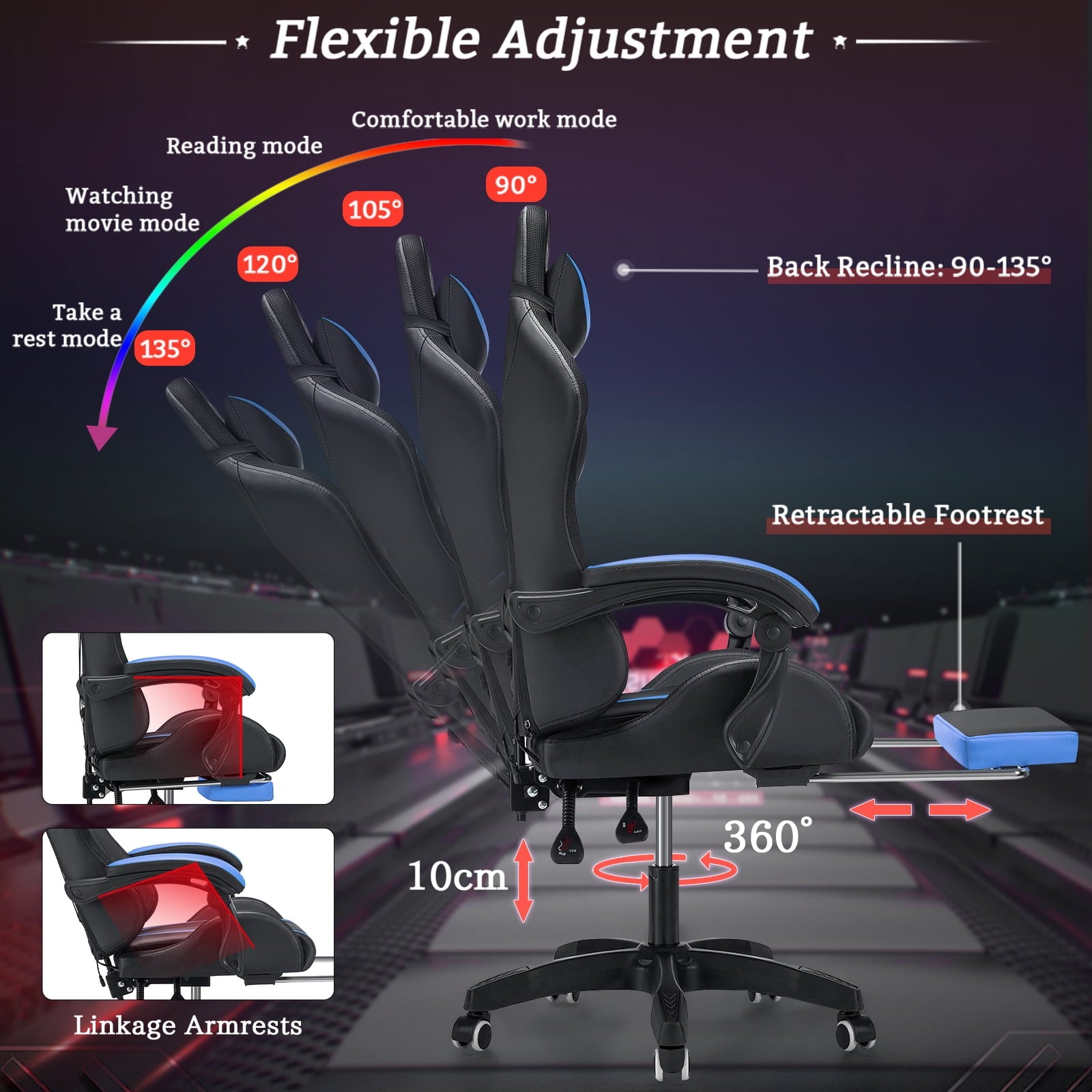Hoffree Gaming Chair with Massage PU Leather Office Chair with Footrest and LED Light Ergonomic Gamer Chair Lumbar Support Adjustable Headrest High Back Computer Desk Chair for Home Office