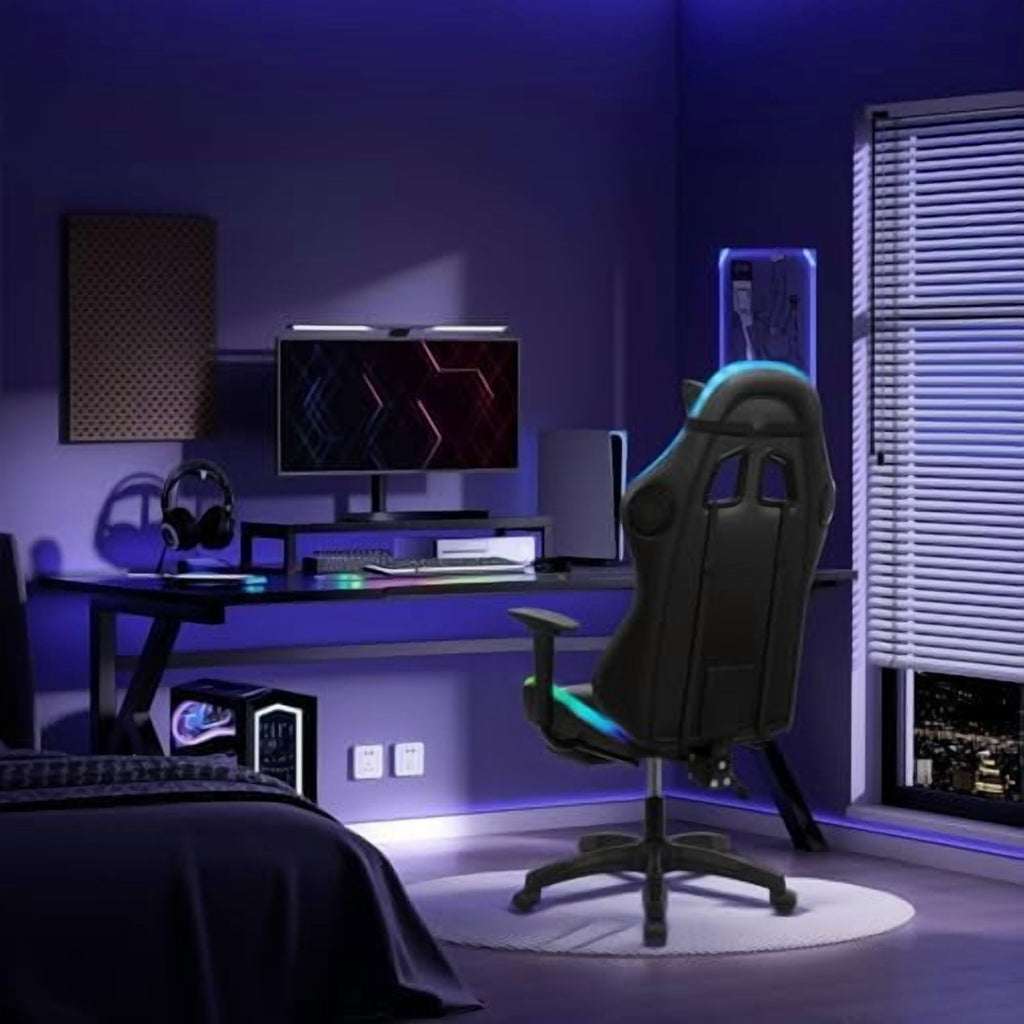 Gaming Chair with Speakers, Bluetooth Gaming Chair with RGB LED Lights and Footrest, Height Adjustable Massage Computer Chair Lumbar Support for Adults (Black)