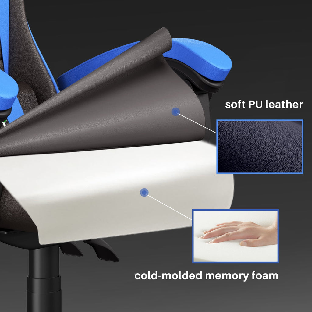 Bigzzia Gaming Chair Pu Leather Office Chair with Ergonomic Lumbar Pillow, Reclining Racing Game Chair Backrest and Seat Height Adjustable Swivel Recliner,Esports Chair with Headrest,Blue