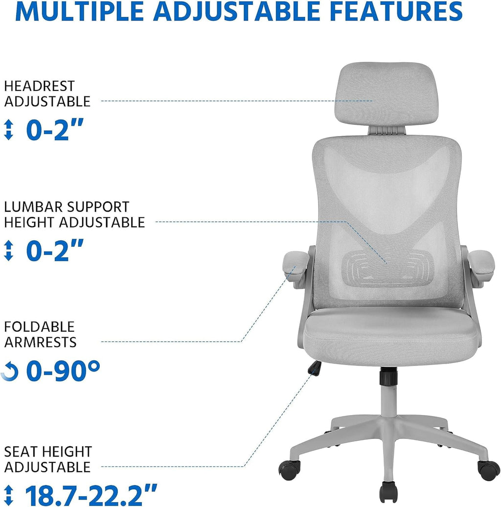 TDUKDB Ergonomic Mesh Office Chair, High Back Desk Chair with with flip-up Armrests, Adjustable Padded Headrest Computer Chair with Lumbar Support for Home Oiffce Game Room, Full Gray