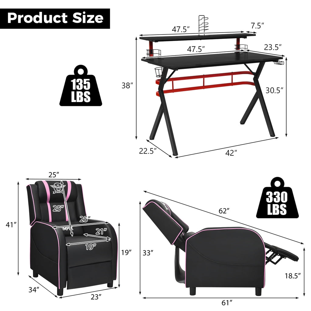 Costway Gaming Desk & Chair Set 48'' Computer Desk & Massage Recliner Chair Black + Pink