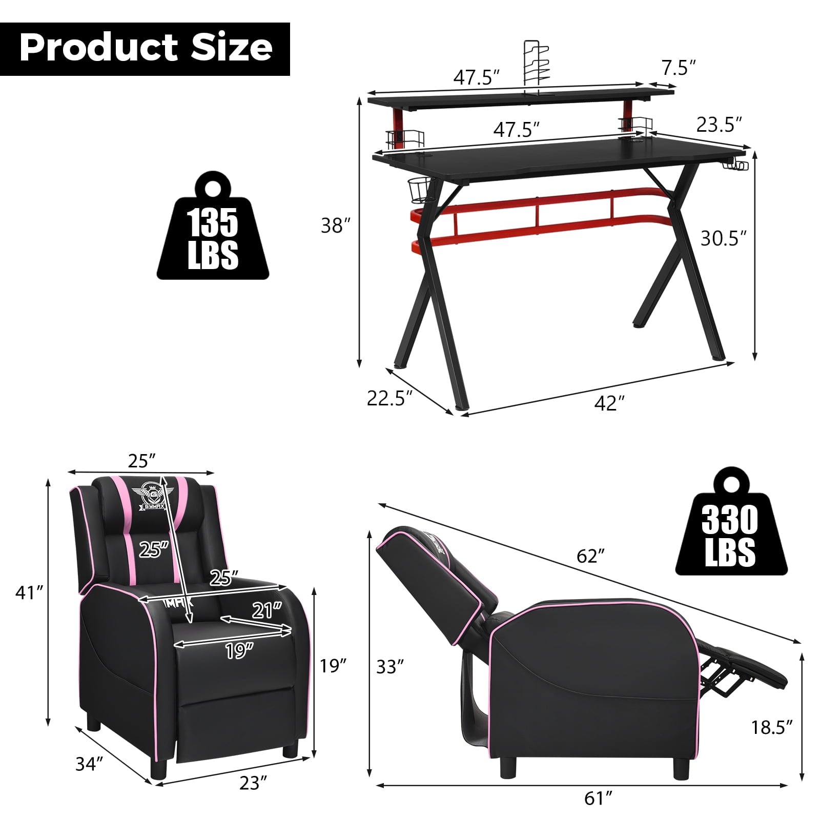 Costway Gaming Desk & Chair Set 48'' Computer Desk & Massage Recliner Chair Black + Pink