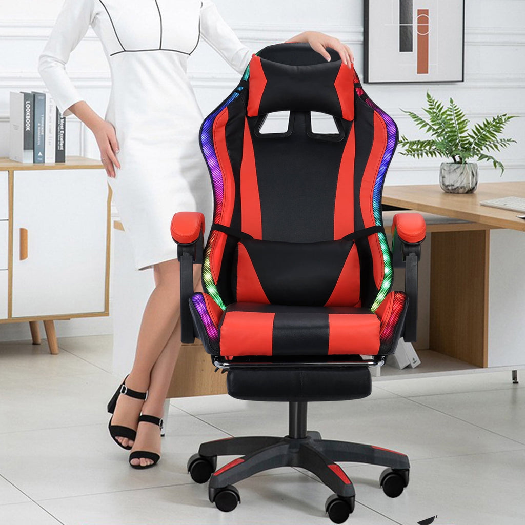Ergonomic Gaming Chair w/Bluetooth Speakers, Lighting & Massage - Adjustable Height & Lumbar Support for PC/Console Gamers