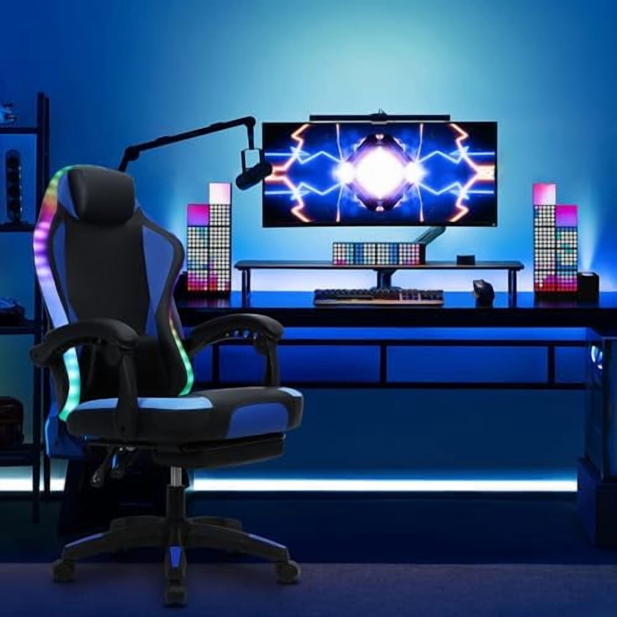 Gaming Chair with Speakers, Bluetooth Gaming Chair with RGB LED Lights and Footrest, Height Adjustable Massage Computer Chair Lumbar Support for Adults (Black)