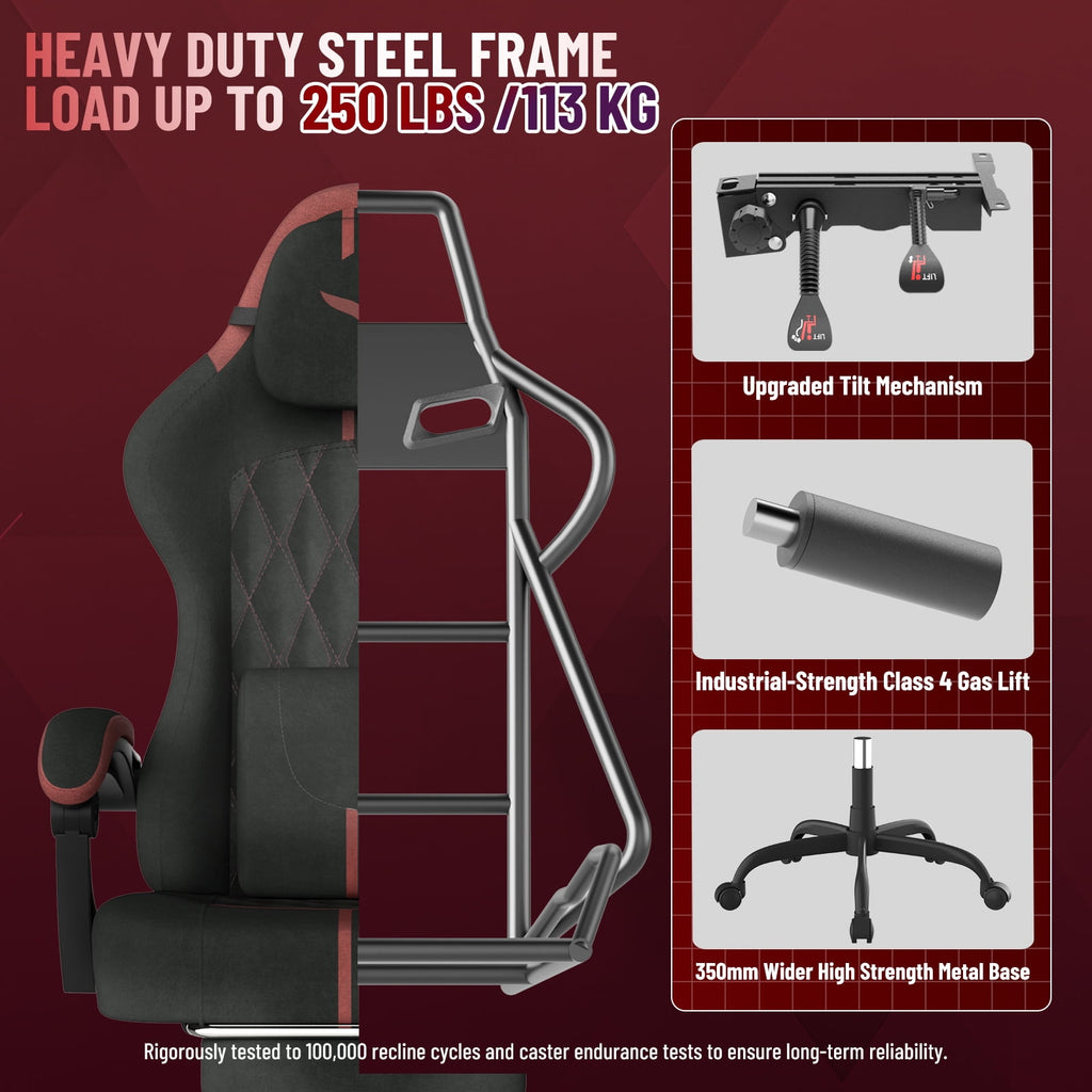 Luxvie Velvet Fabric Gaming Chair With Footrest, Ergonomic Comfortable Video Gamer Chair For Adult, Reclining Office Computer Desk Game Chairs With Massage Lumbar Cushion and Headrest, Black&Red