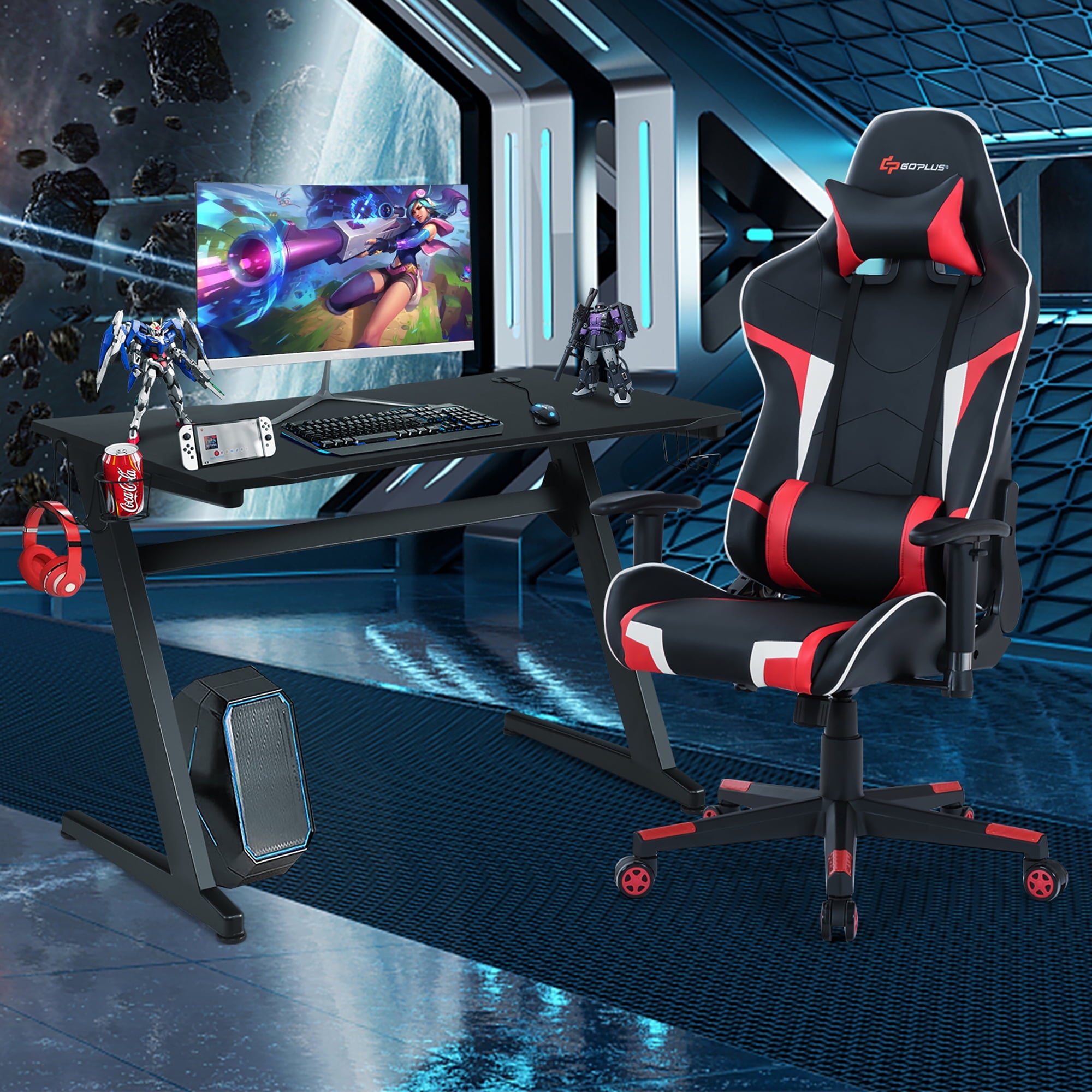 Goplus Z-Shaped Racing Style Desk &  Massage Gaming Chair Set for Home Office Red